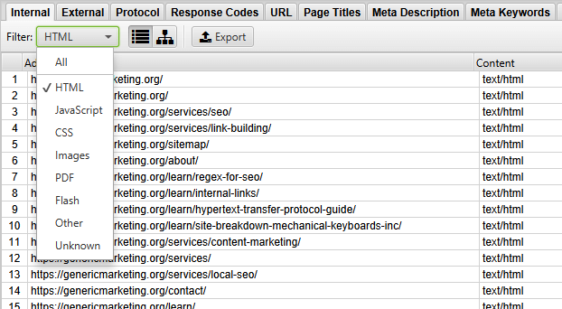 Screenshot of where to export internal HTML pages in Screaming Frog.